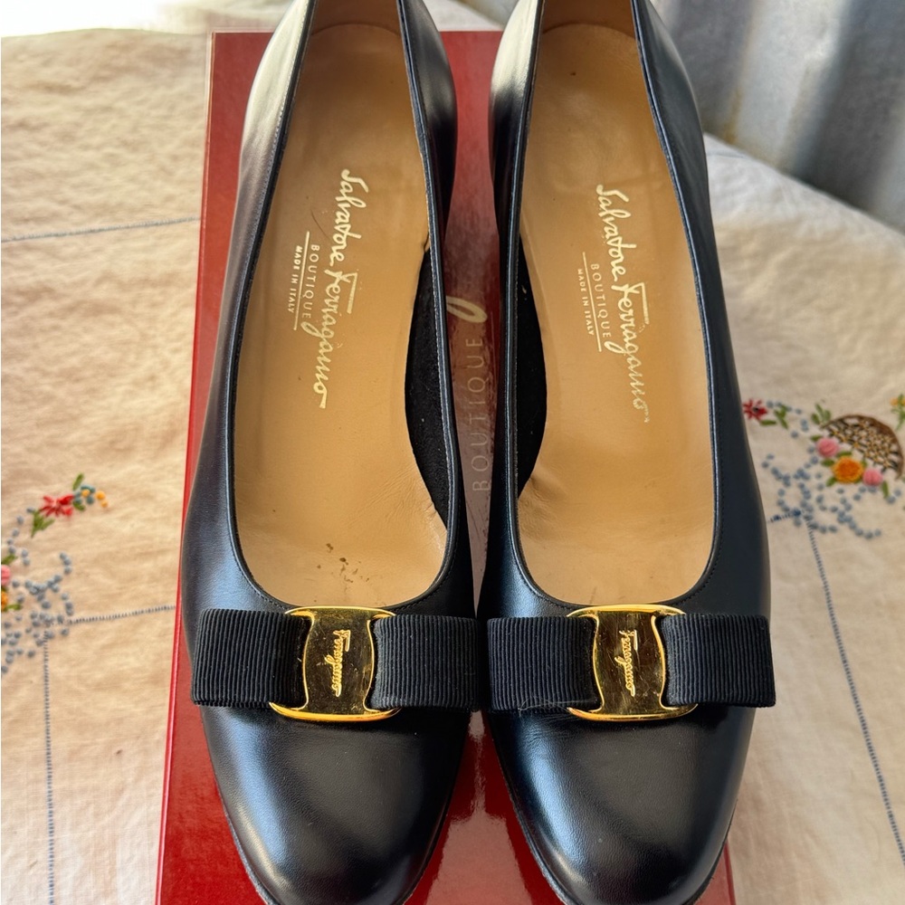 Salvatore Ferragamo Black Flats with Gold Buckle